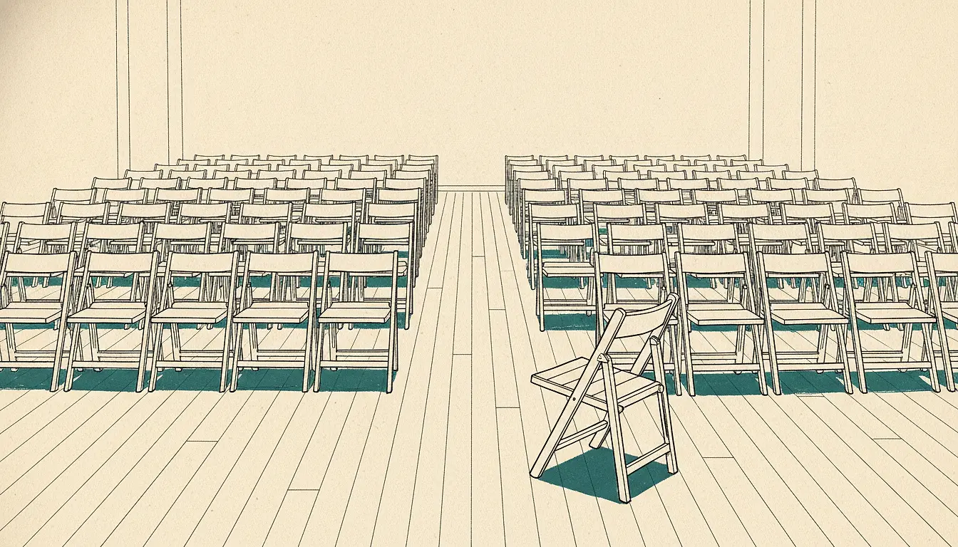 An ink-line drawing of a hall filled with rows of identical empty wooden chairs, with one chair in the near foreground turned aside out of the rows.