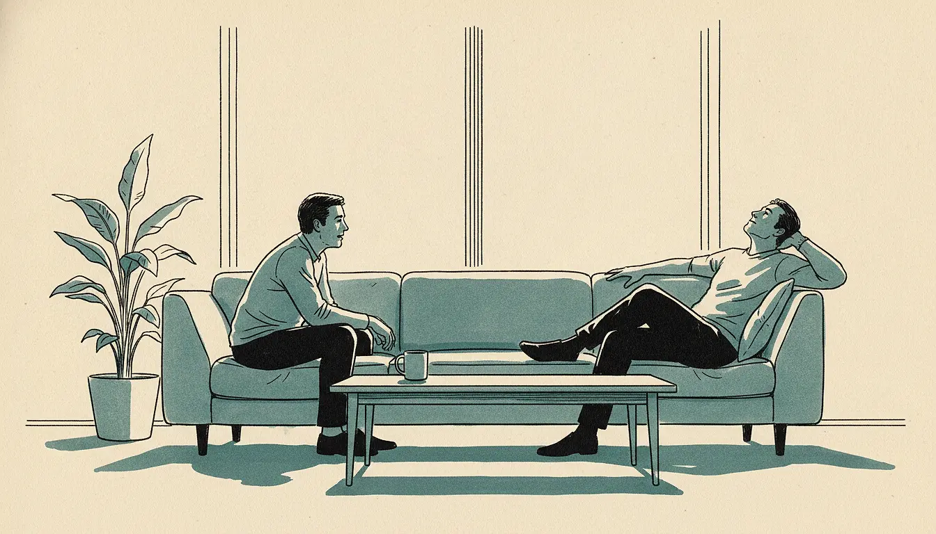 An ink-line drawing of two adults at opposite ends of a long sofa: one sits forward with hands together, turned toward the other; the other lies back with one arm behind the head, chin lifted toward the ceiling.