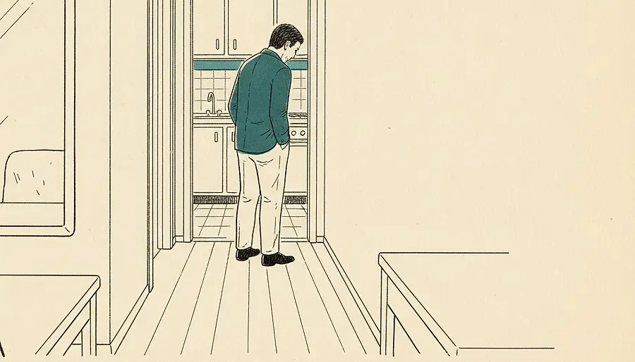An ink-line drawing of a hallway seen past the edge of a wall mirror: at the far end of the corridor a lit doorway, and in it a second adult standing with the head lowered, turned away.