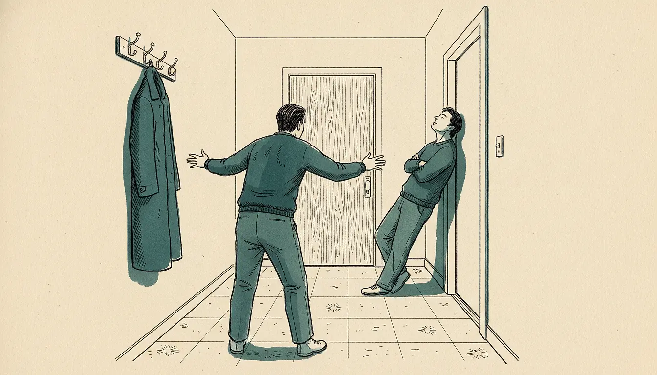 An ink-line drawing of a hallway seen from above and behind: one adult stands with both arms out mid-gesture, facing into the room; the other leans on the doorframe with arms folded and head turned up and away.