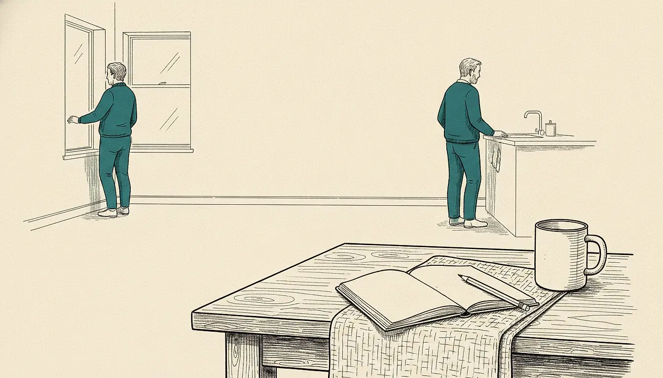 An ink-line drawing of a kitchen table corner: a small notebook lies open under the edge of a folded tea towel with a pencil across it, and far behind, out of focus, two adults stand at opposite ends of the room with their backs turned.