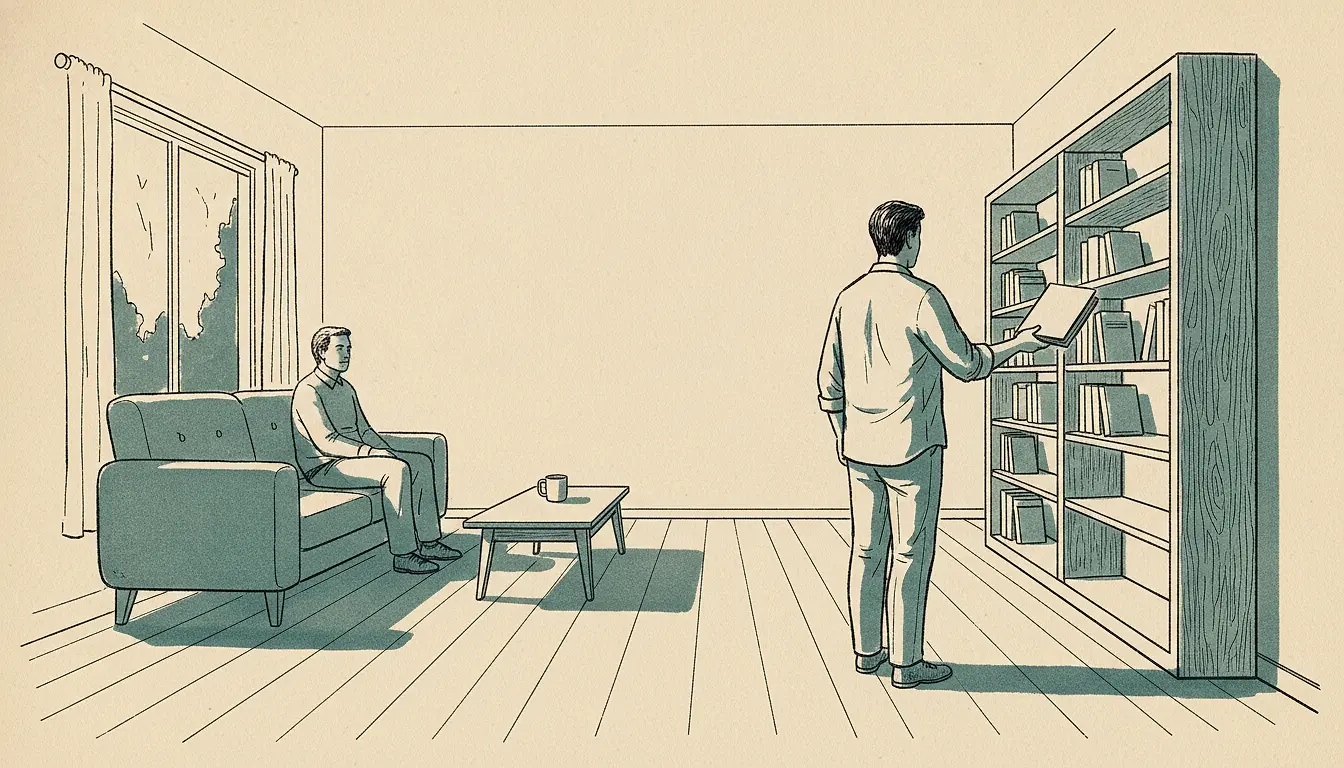 An ink-line drawing of a living room: one adult stands at a bookshelf holding an open book out at arm's length, seen from behind; a second adult sits alone on a sofa across the room beside a low table.