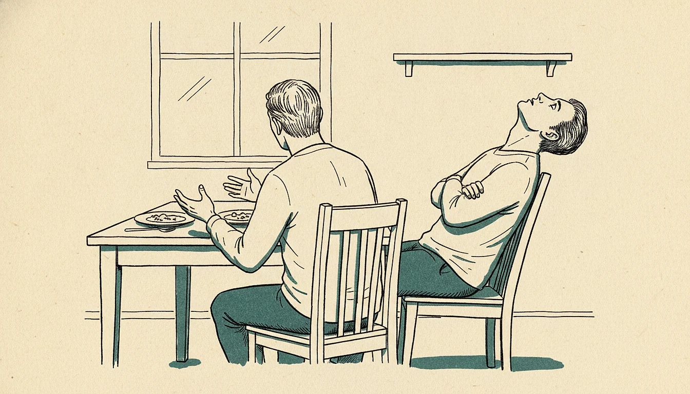 An ink-line drawing of two adults at a dining table: one leans forward mid-sentence, the other tips back in the chair with the head tilted up and away.