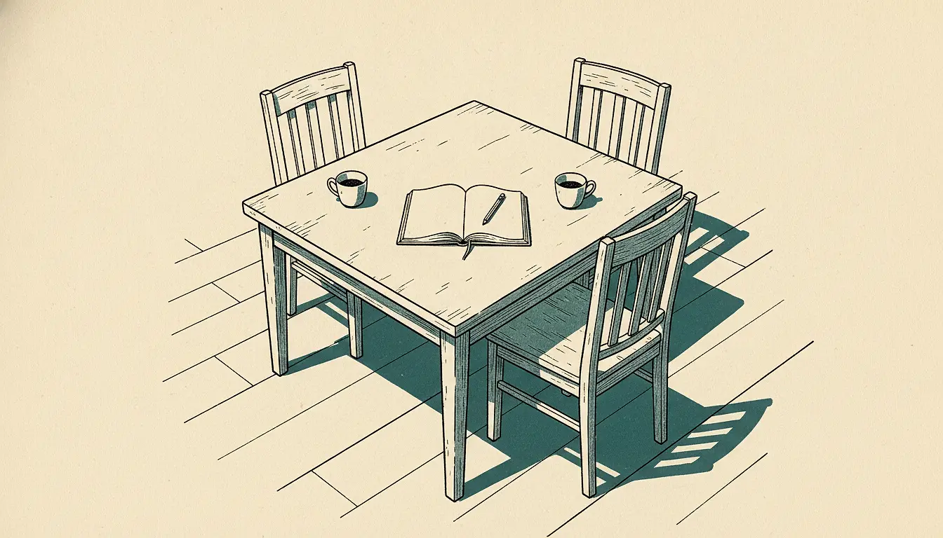 An ink-line drawing of a plain wooden table seen from above at an angle, with an open blank notebook and a pen in the middle, a cup on either side, and three empty chairs pulled up to it.