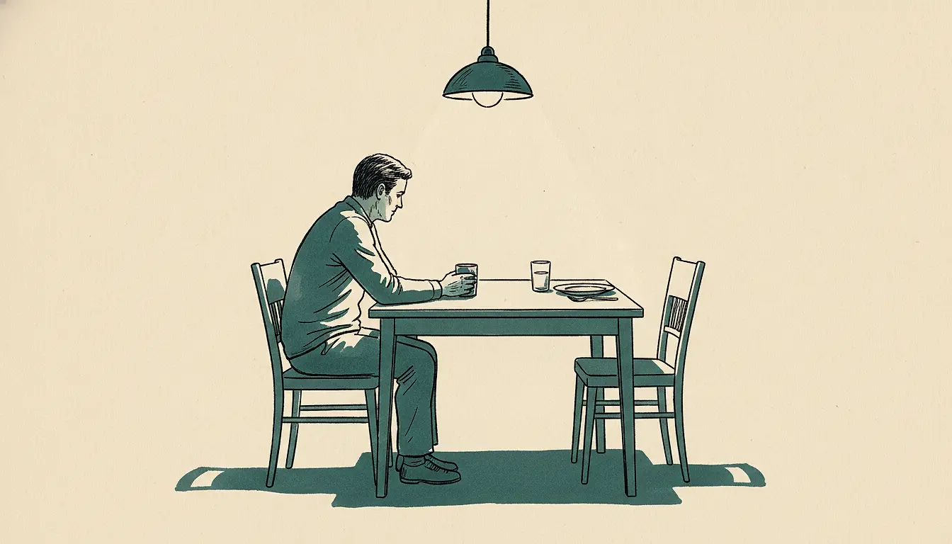 An ink-line drawing of a kitchen table under a single hanging lamp: one adult sits alone in profile with both hands around a cup, and the chair opposite stands empty beside an untouched glass.