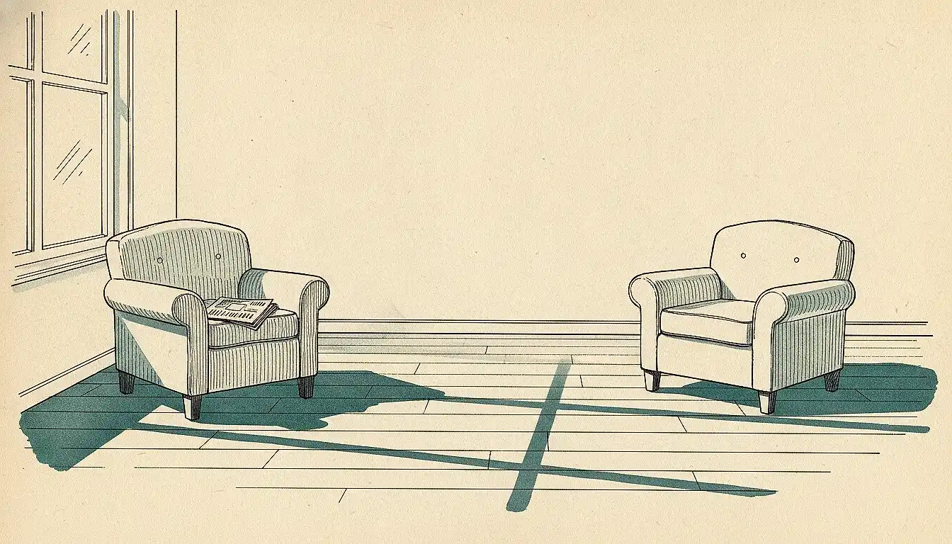 An ink-line drawing of two armchairs in a plain room, turned a few degrees away from each other, one with a folded newspaper on the seat.