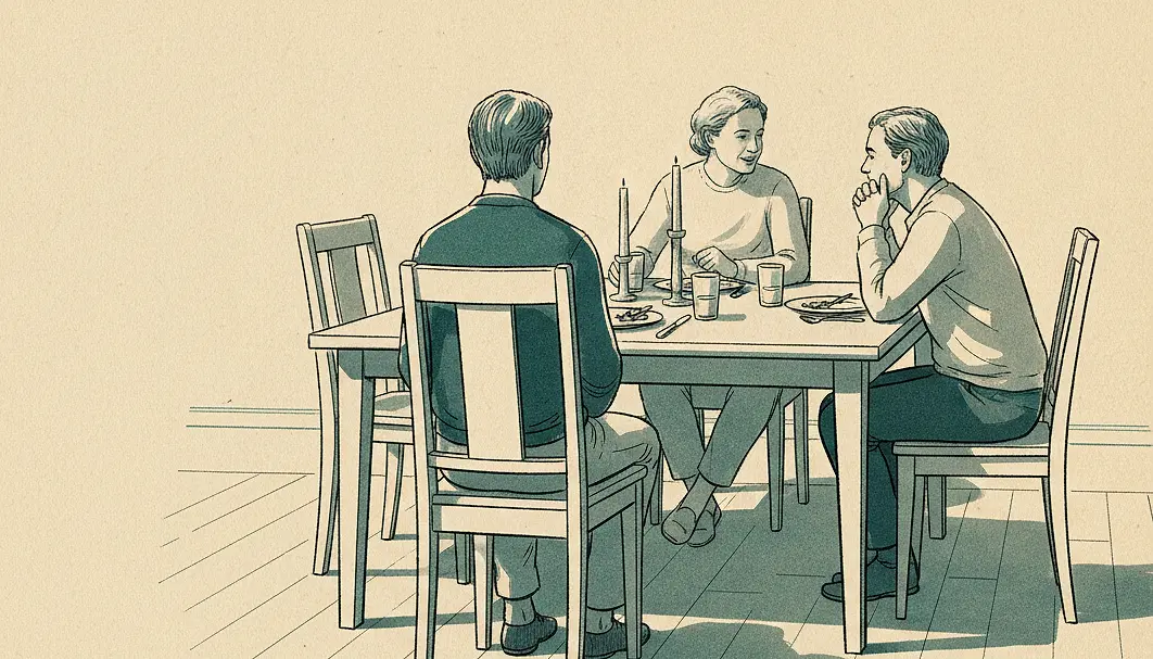 An ink-line drawing of a dinner table: in the foreground one adult sits square and still, seen from directly behind; across the table two other guests lean toward each other in conversation.
