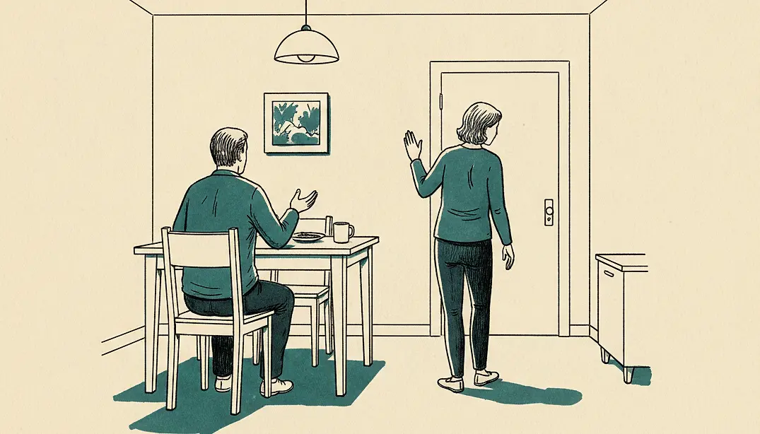 An ink-line drawing of a small dining room: one adult sits at the table with a hand open mid-sentence, seen from behind; the second stands by the door, turned away, one hand raised flat at shoulder height.